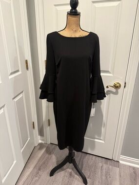 Calvin Klein Black Midi Dress with Tiered Ruffle Sleeves. New with Tags